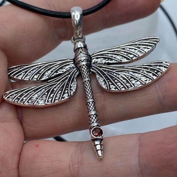 Dragonfly & Garnet Boho Silver Necklace On Leather Cord - Picture 4 of 5